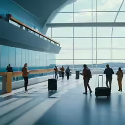 passengers in an airport traveling past the window