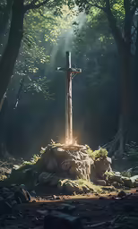 a cross is standing on top of a rock near the woods