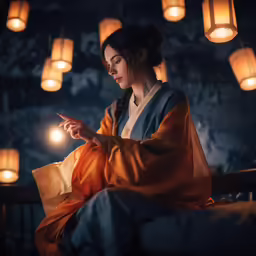 the asian woman is sitting down on her bed checking her cellphone
