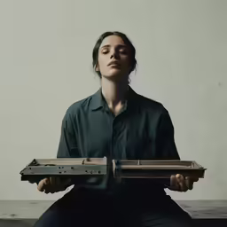 a girl is sitting in a meditation position with a box on her lap