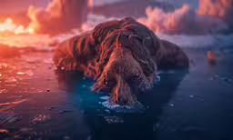 a brown bear in the water taking a nap