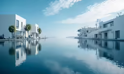 a very nice long body of water that is near buildings