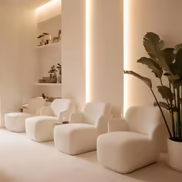 a couple of white chairs sitting under a light