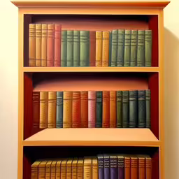 an abstract view of a bookshelf, it appears to be very unique,this is the top side of a wooden book shelf,a book shelf filled with lots of books,a shelf with three shelves full of different colored books,a shelf has several books stacked on top of one another
