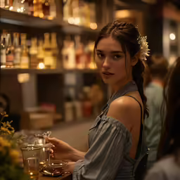 a young woman standing in a bar, drinking alcohol and smiling