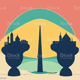 a stylized view of the city at sunset royalty illustration,an art deco print with three vases and a city in the background royalty - free stock