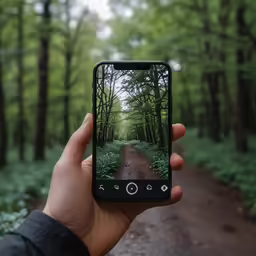 someone taking a photo of a path through the woods
