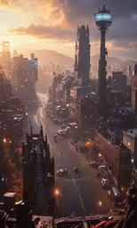 a sunset view of the city from top of a tall building