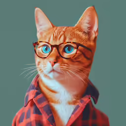 a cat wearing glasses and a plaid shirt