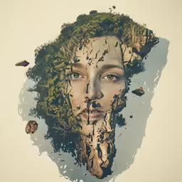 woman with natural hair and a head made of plants