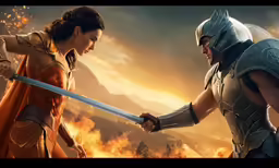 a pair of people are holding swords near one another