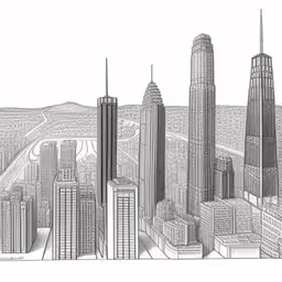 a drawing of the skyline in a pencil drawing,a drawing of a city that looks like it could be in the future