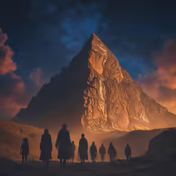 a group of people standing in front of a mountain at night