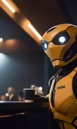 a robot is sitting with a coffee cup in front of him