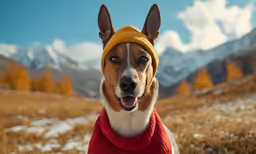 a dog with his head turned and wearing a red sweater