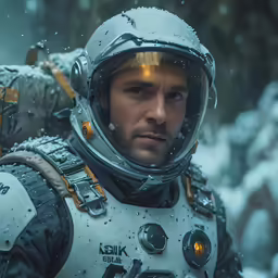 the astronaut looks at something in his helmet