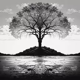 an empty lone tree sitting on an island,an image of an island with a tree growing on it
