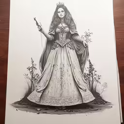 a drawing of a lady holding a wand