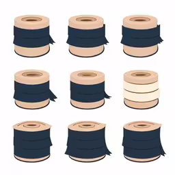 a set of six rolls of black and white ribbons,many types of rolls of brown and blue ribbon,an assortment of different colored ribbons with different shapes,rolls of toilet paper with some tape on it,various kinds of fabric on white background