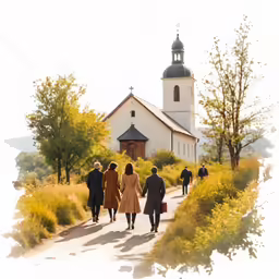 a group of people walking towards a church