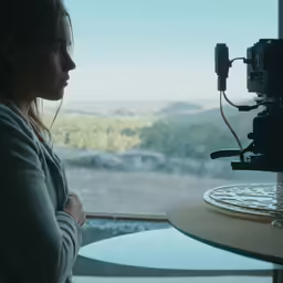 a woman sits in front of a camera on a tripod