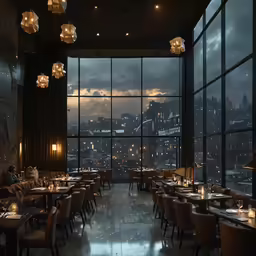 large dining room overlooking city at night