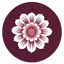 white and pink flower with center surrounded by smaller flowers on a burgundy circle,a red and white circular icon of a flower,a circular flower is shown in burgundy and white,red and white flower in a circular shape,an image of a flower on a circle