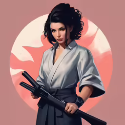a woman holding two guns posing for a photo