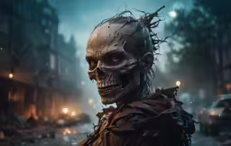 a skeleton is standing on a street near buildings