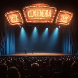 two people stand on a stage in front of a crowd