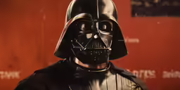 a darth vader costume, wearing a helmet and standing in front of a wall