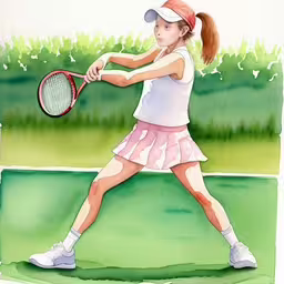 a drawing of a girl playing tennis in the sun,a painting of a girl tennis player in the foreground,a drawing of a girl swinging a tennis racquet,a girl swinging a tennis racket on top of a field,a painting of a young girl in tennis clothes is swinging a tennis racket at the ball