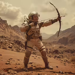 a man in gear is standing in a desert holding a bow and arrows