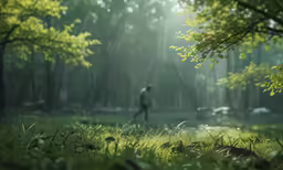 a person standing under a tree on top of a lush green field