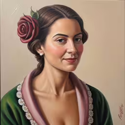 the portrait of a woman in green holding a red rose,a painting of a woman wearing a green shirt and with a red rose on her head