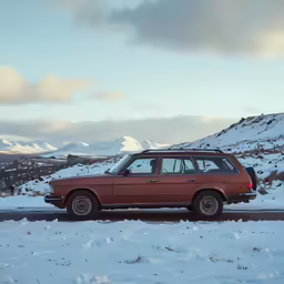 an old station wagon sits in the middle of a snowy road