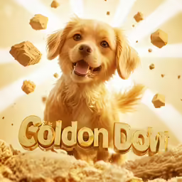 the golden retriever is posing in front of a background of biscuits and some other gold nuggets