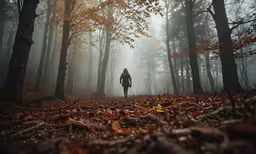 the person is walking through a dense forest