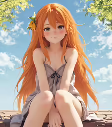 a girl with bright red hair sits on the ground, her legs crossed