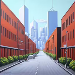 an art work depicts a city street with tall buildings,a painting of a road between two buildings,an oil painting of a city street and buildings,an oil painting of a long road near some buildings,large painting with lines of orange buildings near each other