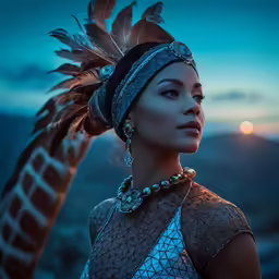 a woman wearing headdress in the mountains