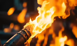 a metal structure with many fire and flames surrounding it
