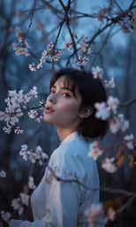 a beautiful woman posing for a photo surrounded by cherry blossoms