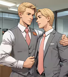 a cartoon depicting two men in suits and ties,two men in suits hugging and smiling