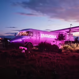 purple truck parked in field at dusk with other trucks