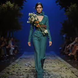 the woman is walking down the runway holding flowers