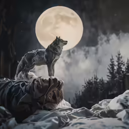 a dog standing on top of a human body in the snow