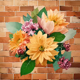 a vase filled with flowers next to a brick wall,some very pretty flowers in a big vase