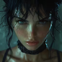 a woman is wearing wet clothes and with rain,a woman wearing chains in a water environment