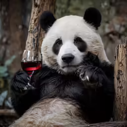 panda bear drinking wine out of a wine glass